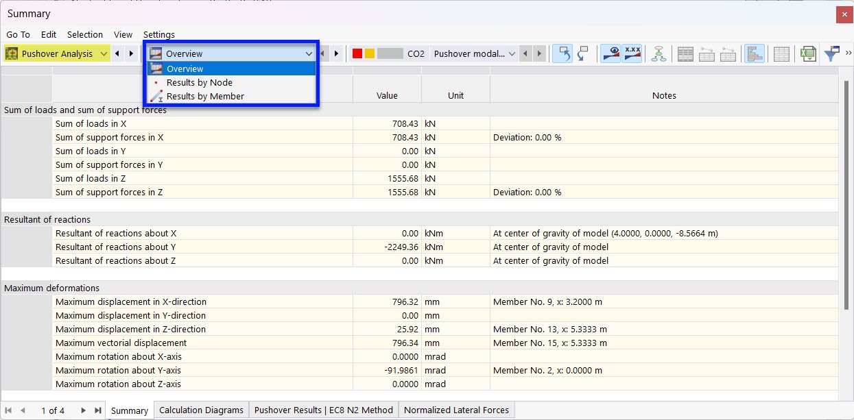 Selecting Subcategory for Results of Pushover Analysis