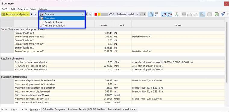Selecting Subcategory for Results of Pushover Analysis