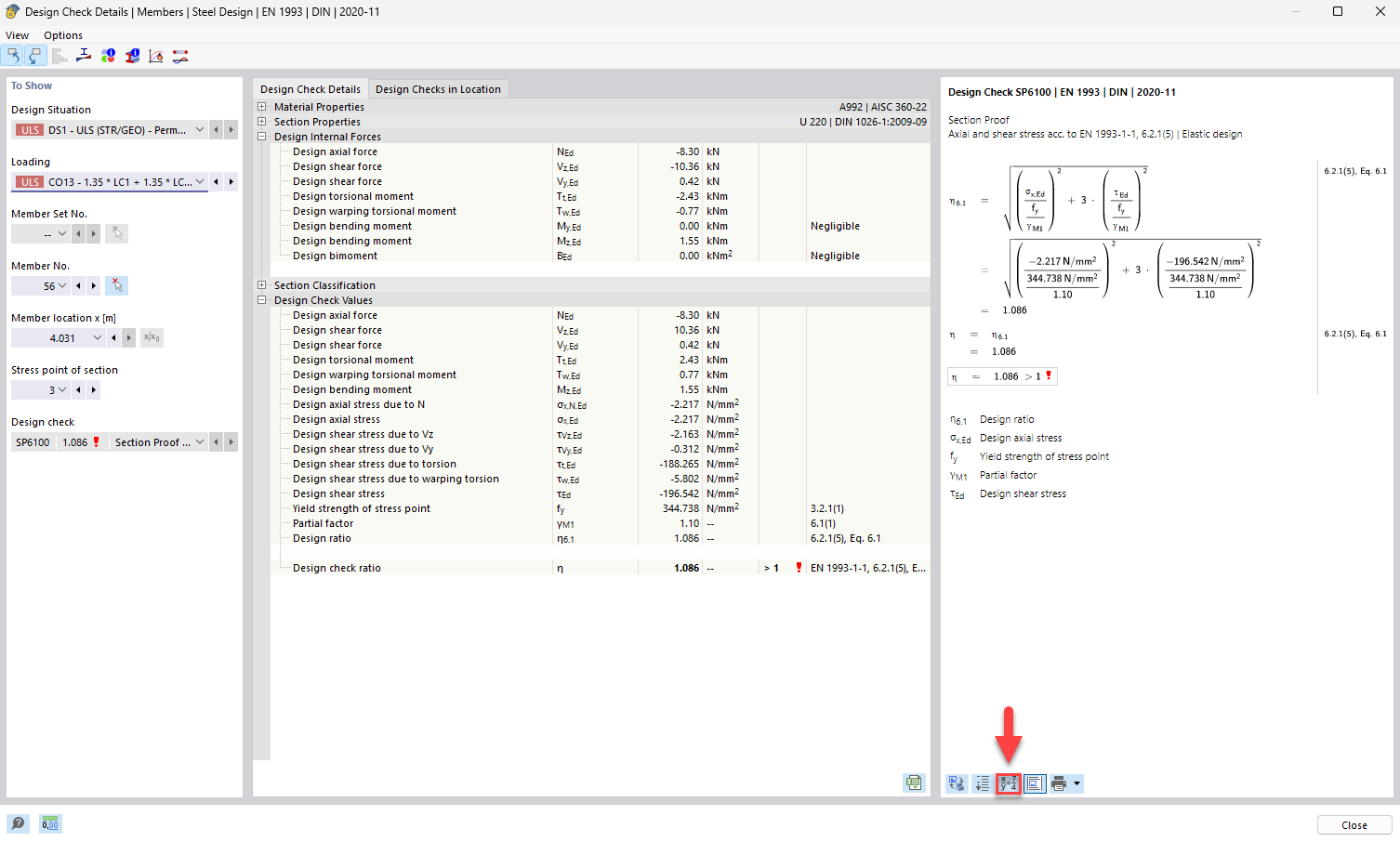 Displayed in the design check details, the calculation results provide insight into specific structural analyses.