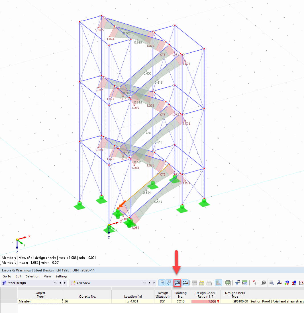 Display of the calculated results for cross-sections in a technical analysis.