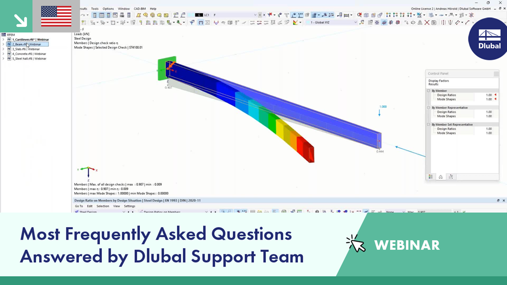 Informative webinar slide answering common questions from the Dlubal support team, focusing on software use and technical assistance.