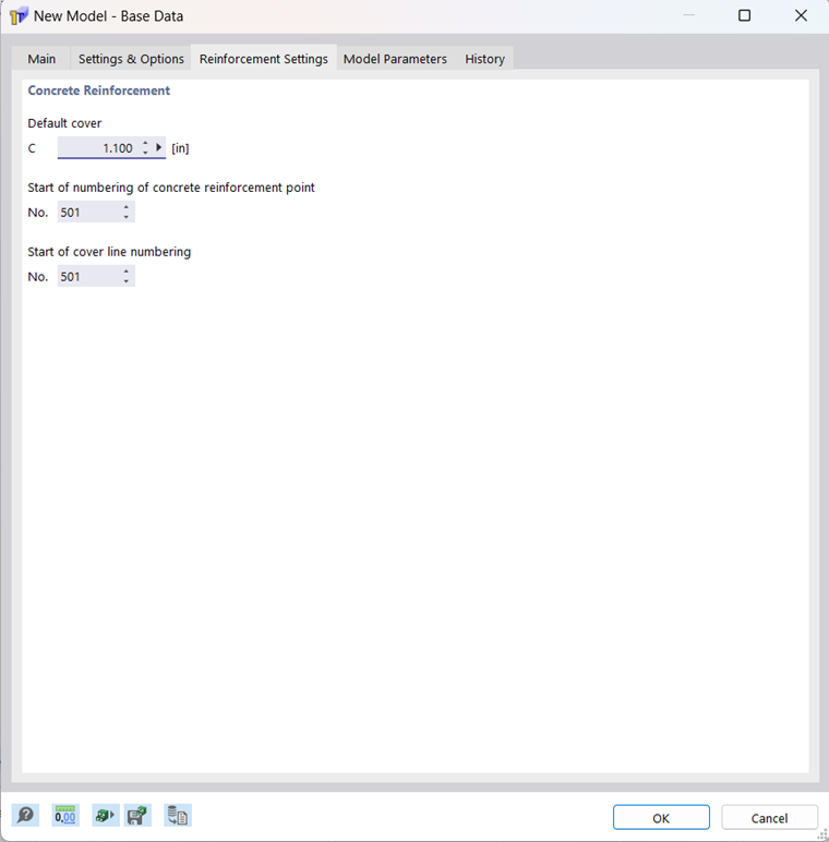 Dialog Box "New Model – Base Data", Tab "Reinforcement Settings"