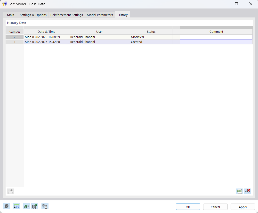 Dialog Box "Edit Model – Base Data", Tab "History"