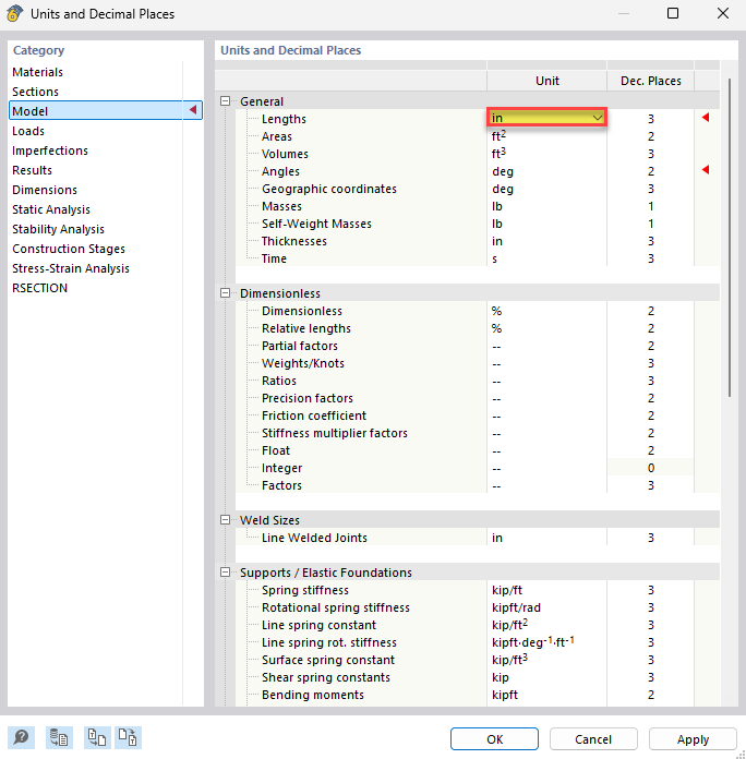 Benutzeroberfläche zur Anpassung von Einheiten und Dezimalstellen in einem Modellprojekt.
