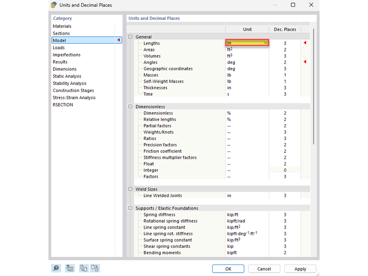Benutzeroberfläche zur Anpassung von Einheiten und Dezimalstellen in einem Modellprojekt.