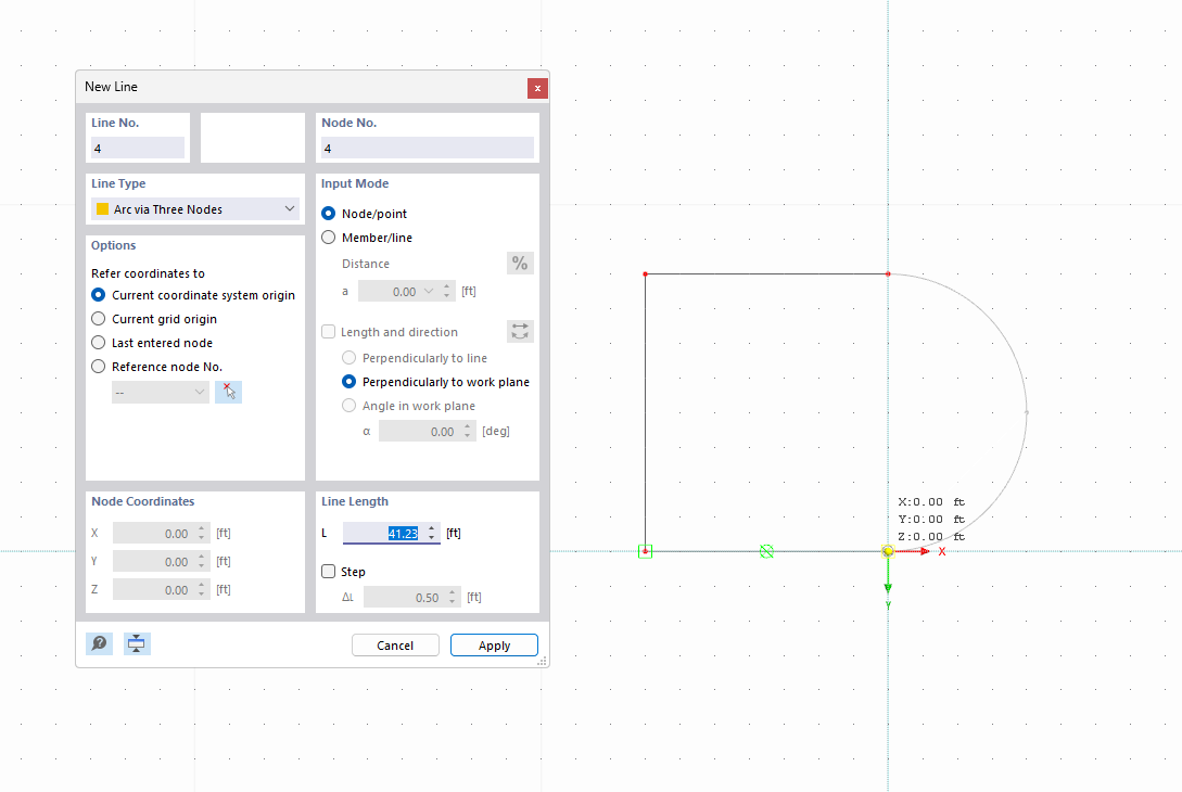 Illustration of the construction of an arch line within a construction project with specific parameters for determining its shape.