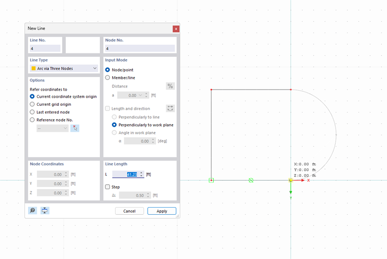 Illustration of the construction of an arch line within a construction project with specific parameters for determining its shape.