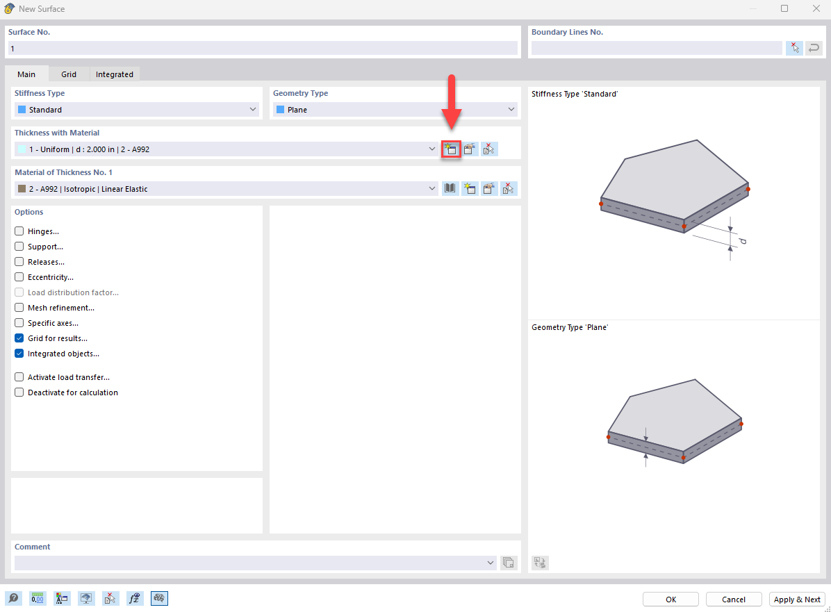 Settings window for creating new surfaces in CAD software with parameter adjustment tools.
