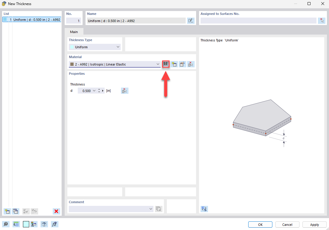 User interface for entering a new material thickness in construction software with parameters.
