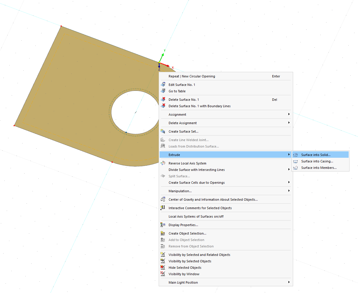 Representation of a surface extrusion into a solid in structural engineering software