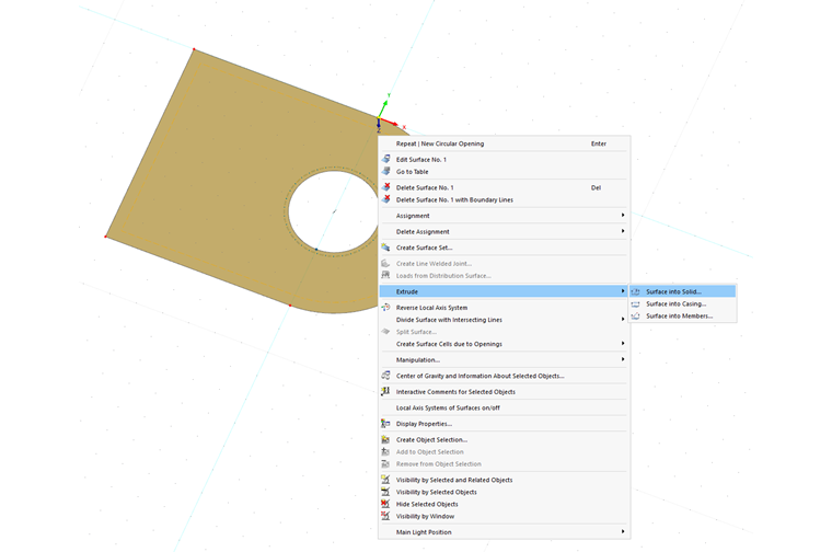 Representation of a surface extrusion into a solid in structural engineering software