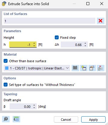 Dialog for extruding surfaces into a volume body with various options and settings.