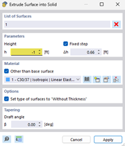 Dialog for extruding surfaces into a volume body with various options and settings.