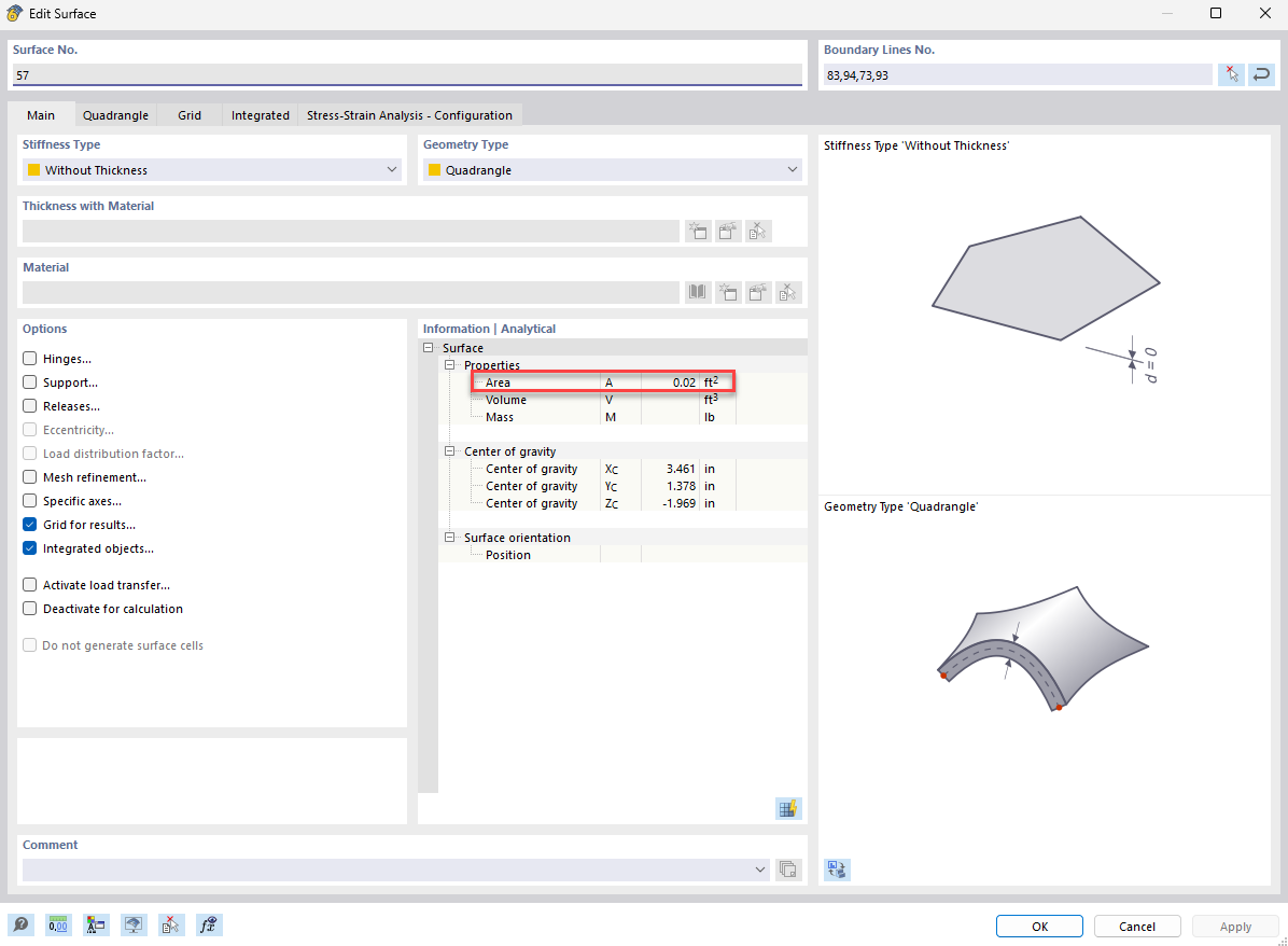 Display of the surface area of a selected surface within a software application. The surface is highlighted in color, and the numerical value of the surface area is displayed.