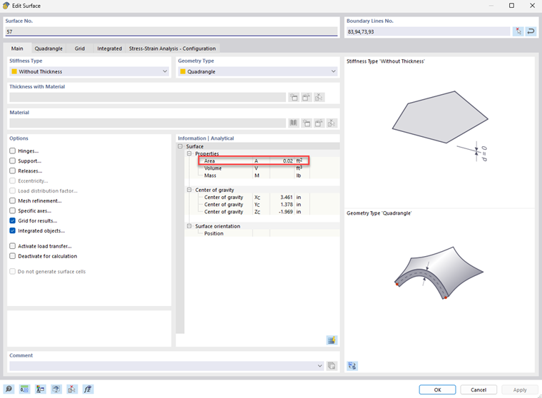 Display of the surface area of a selected surface within a software application. The surface is highlighted in color, and the numerical value of the surface area is displayed.