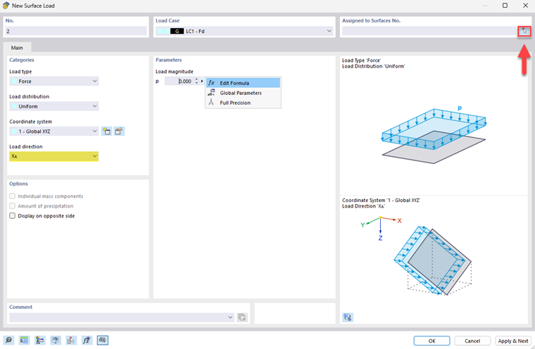 Dialog box for creating a new surface load for a construction project with detailed input boxes.