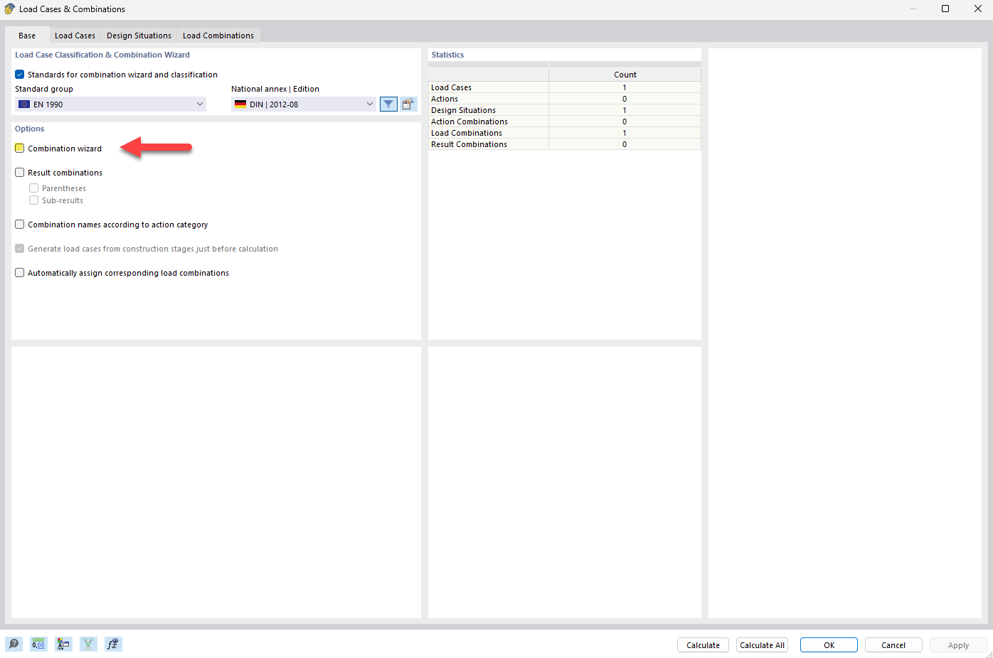 Interface view for deactivating the Combination Wizard in the software. Menu options are displayed.