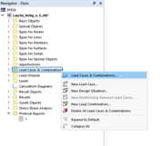 Dialog box for managing load cases and combinations in a structural design.