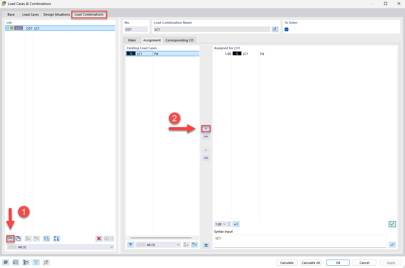 Visualization of setting a load combination for structural projects in a software environment.