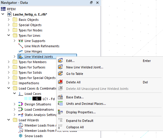 Interactive surface for creating a line weld with specific parameters.