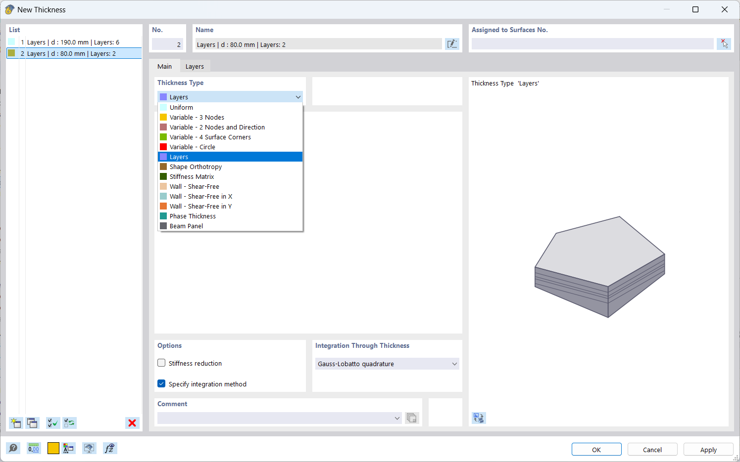 Selecting Thickness Type "Layers"
