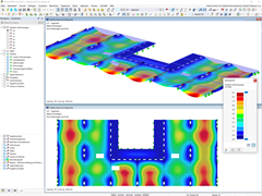 Display of the deformations of a cross-laminated timber slab in the structural analysis. The stress points are visualized in detail.