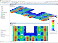Display of the deformations of a cross-laminated timber slab in the structural analysis. The stress points are visualized in detail.