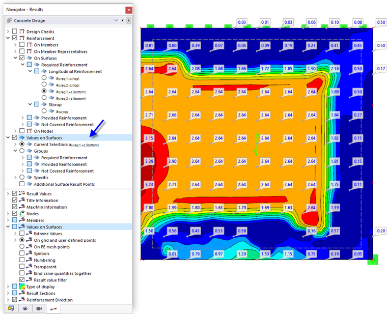Displaying Values of Required Bottom Main Reinforcement in Grid Points