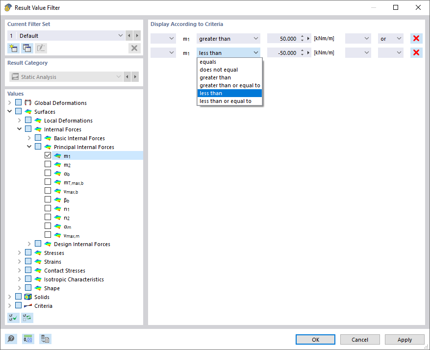Defining Filter Criteria for Result Values