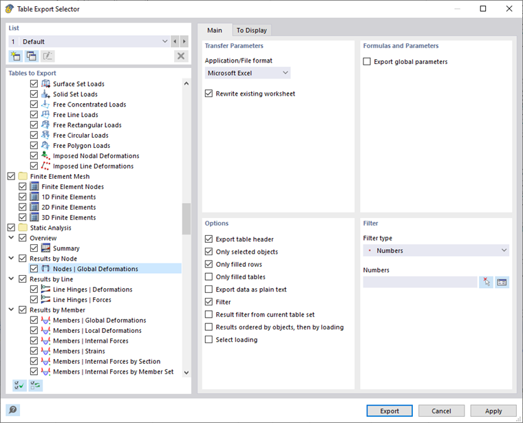 Settings for Table Export