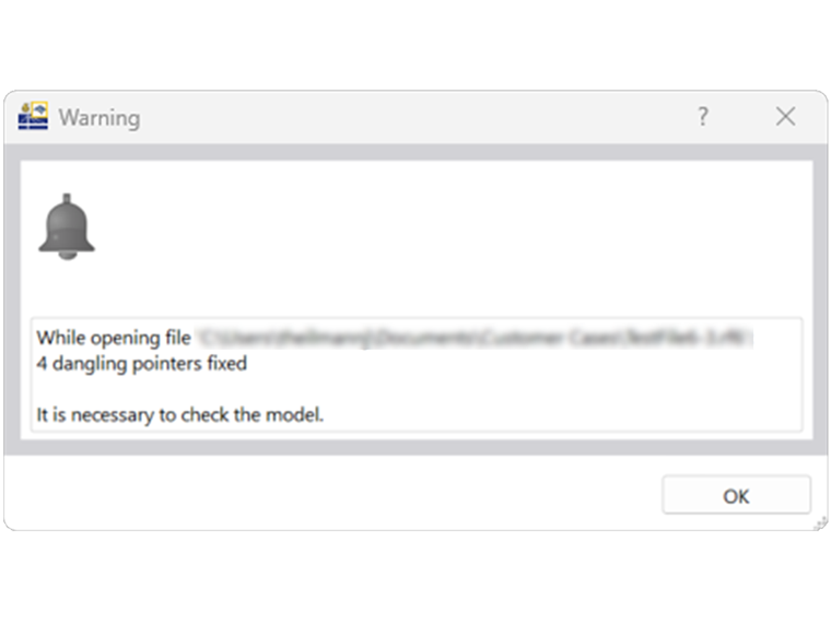 FAQ 005402 | When opening a model file, I get the warning message saying that "dangling pointers have been fixed." What does this message mean?