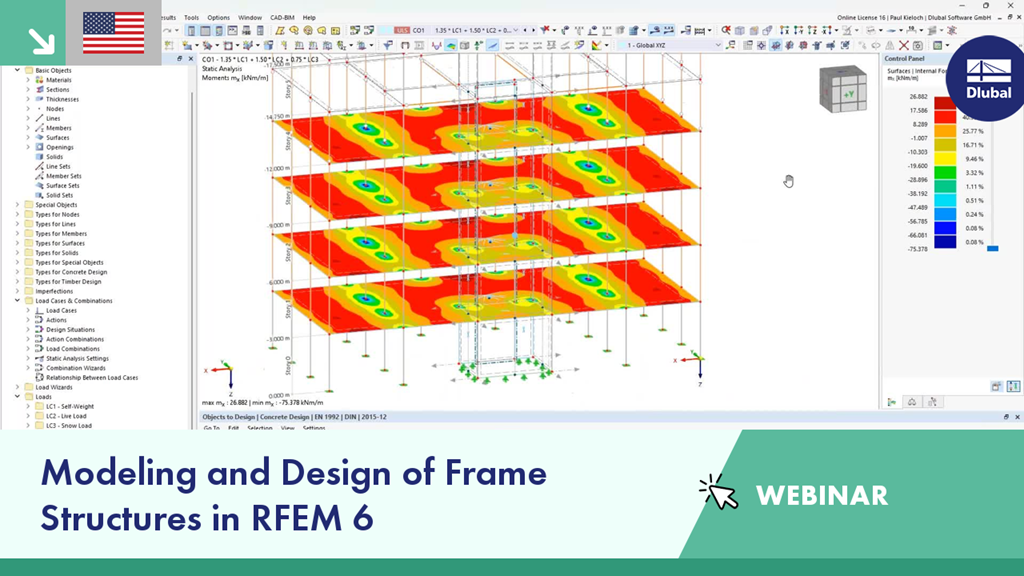 Webinar on modeling and designing frame structures using a building model add-on. Focus on structural engineering methods.