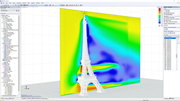 Eiffel Tower model under numerical wind flow simulation in the digitized wind tunnel