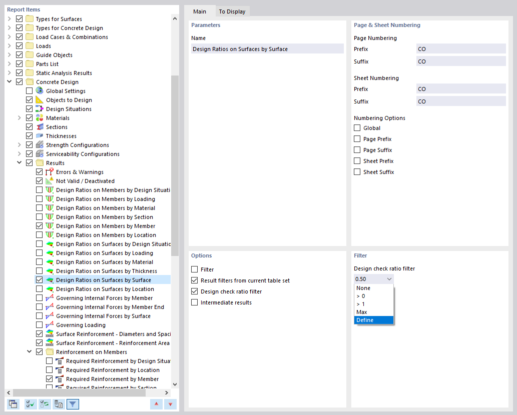 Filter Options for Design Check Ratio