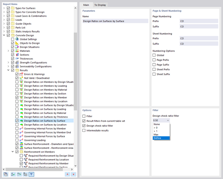 Filter Options for Design Check Ratio