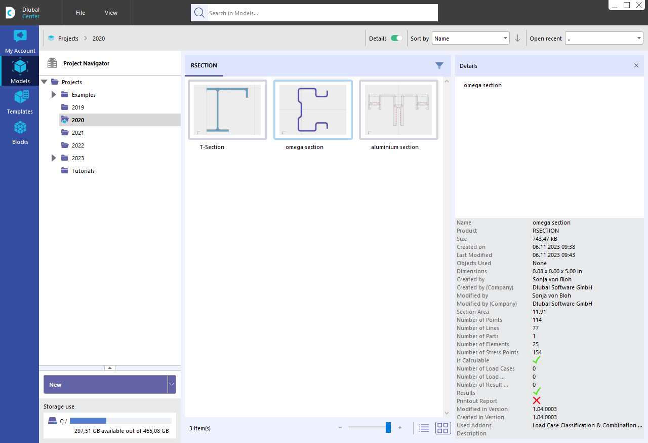 Selecting RSECTION Section in Dlubal Center