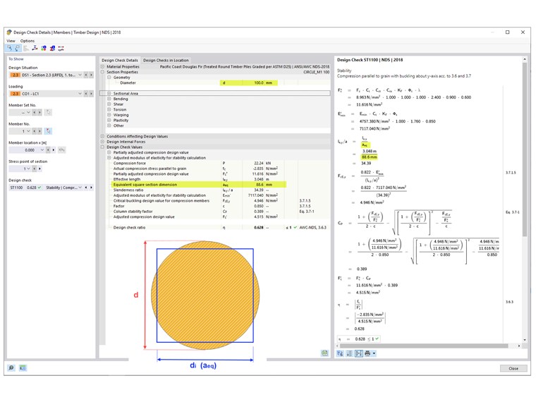 FAQ 005410 | How is the dimension for an equivalent round section calculated in the Timber Design add-on?