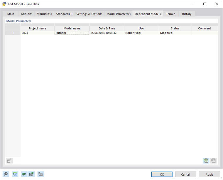 Dialog Box "Edit Model – Base Data", Tab "Dependent Models"