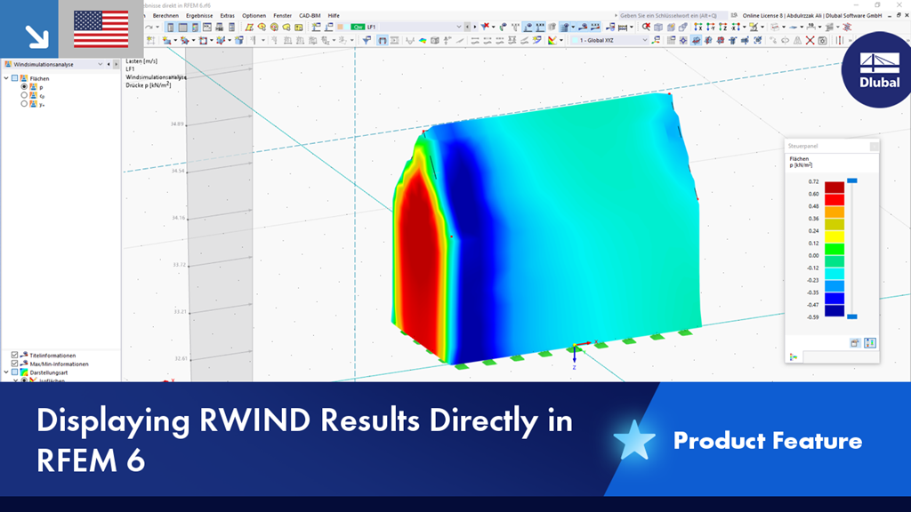 Visualization of the RWIND simulation results in the RFEM 6 environment, showing the aerodynamic influences on the structural model.