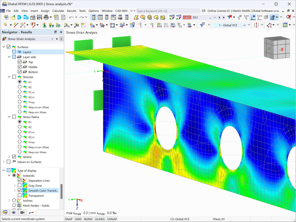 Display of the stress-strain analysis in RFEM 6 with options for the maximum stress determination and cross-section optimization.
