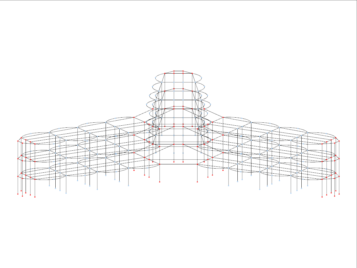 A three-dimensional wireframe grid of a star-shaped polygonal building structure showcasing the architectural design and layout with intersecting lines.