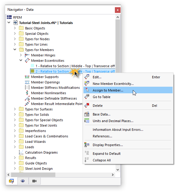 Shortcut Menu to Assign Member Eccentricity Graphically