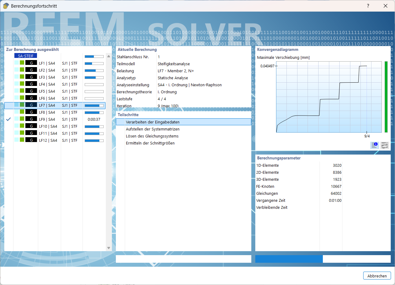 Calculation monitor of a stiffness analysis