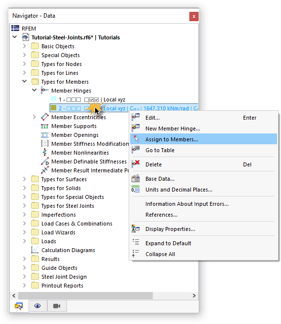 Shortcut Menu to Assign Member Hinge Graphically