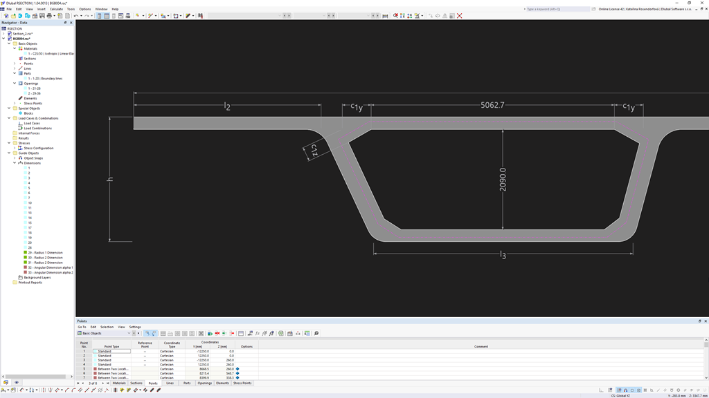 The image shows a bridge cross-section of a concrete section with precise dimensions in the graphical user interface.