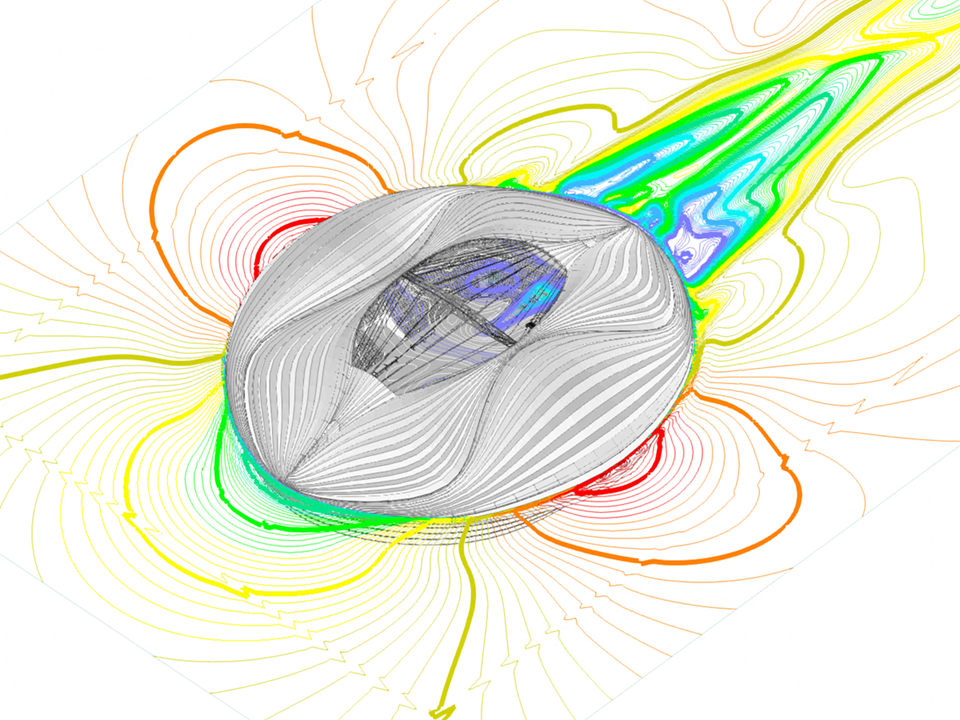 This image shows a 3D model of Al-Janoub Stadium with wind velocity isolines on a horizontal plane.
