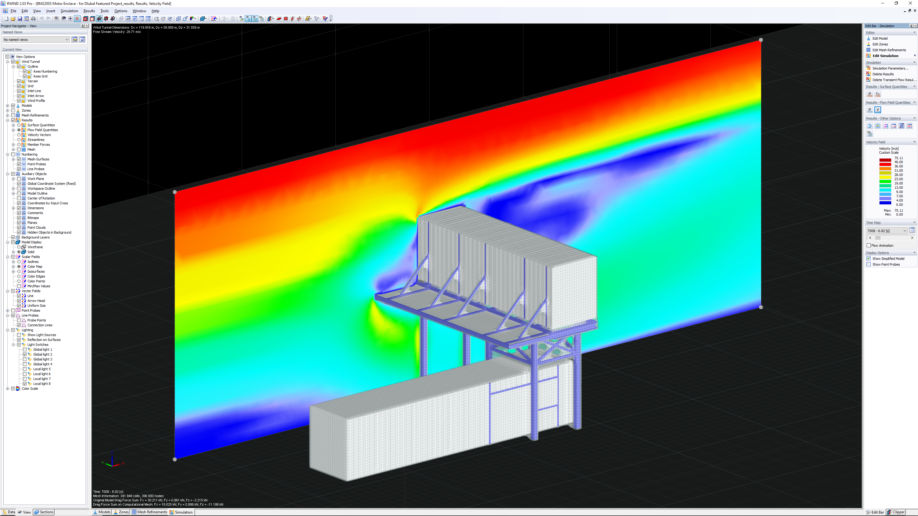 The model shows a container structure that simulates numerical wind flows in the digital wind tunnel RWIND.