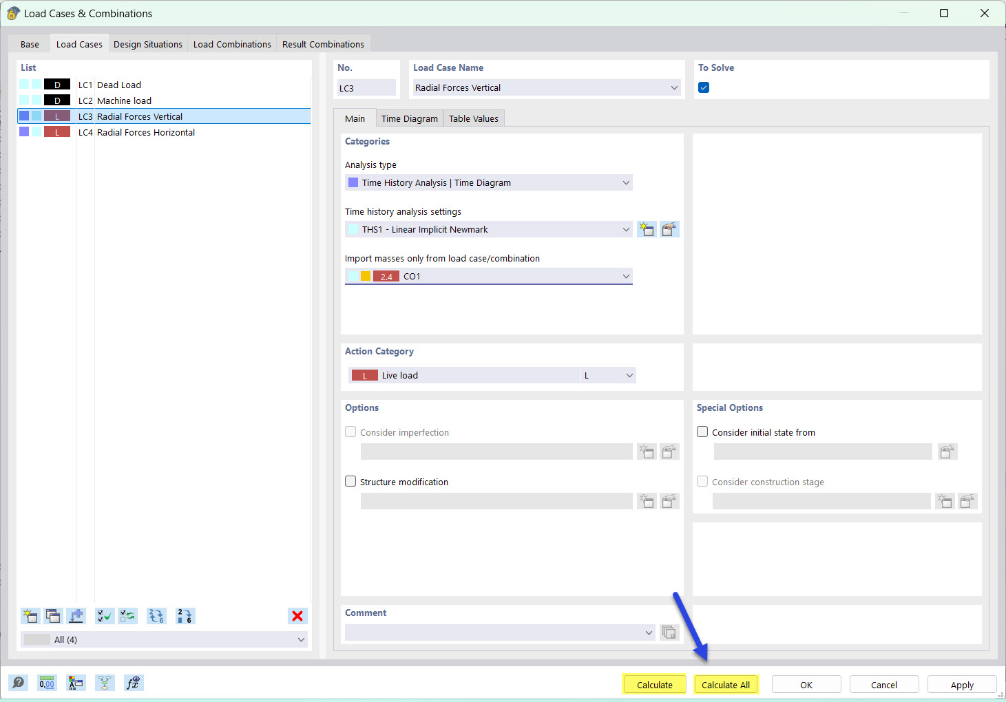 Starting Calculation in Dialog Box "Load Cases and Combinations"