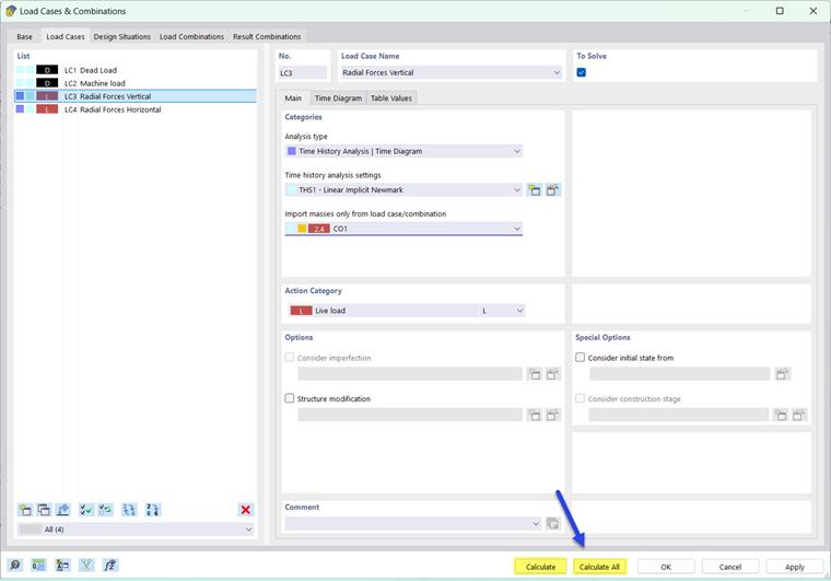 Starting Calculation in Dialog Box "Load Cases and Combinations"