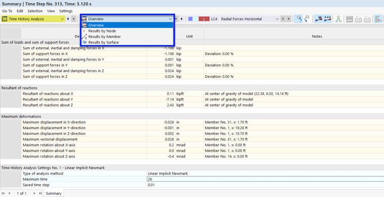 Selecting Subcategory for Time History Analysis Results